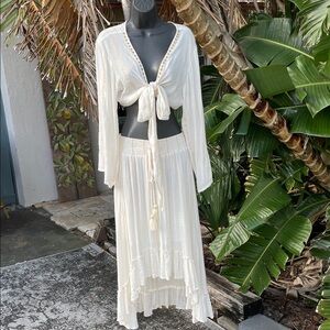 Bell sleeve ruffle top and matching gold striped skirt